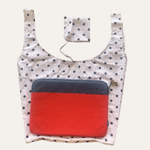 Handmade Foldable Compact Shopper Bag Black White Polka