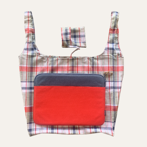 Handmade Foldable Compact Shopper Bag Vintage Grey Check