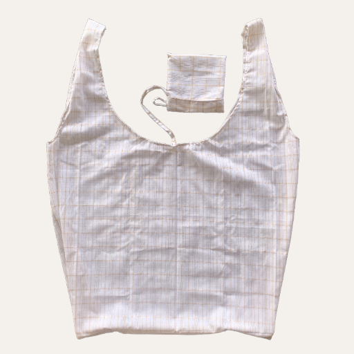 Handmade Foldable Compact Shopper Bag White Beige Check