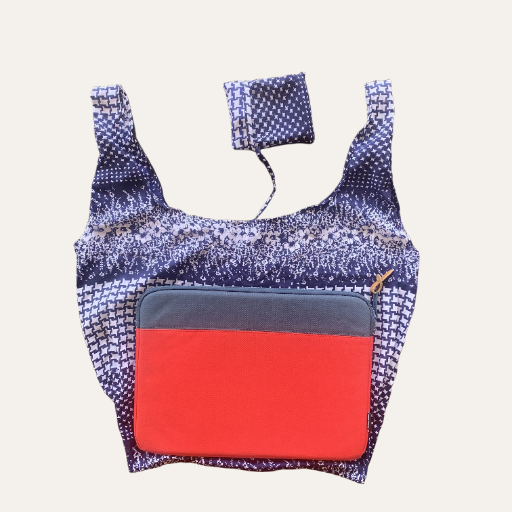 Handmade Foldable Compact Shopper Bag Blue Houndstooth