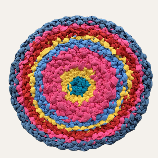 Handmade Vintage Retro Round Cotton Rug Blue Pink Yellow 42cm