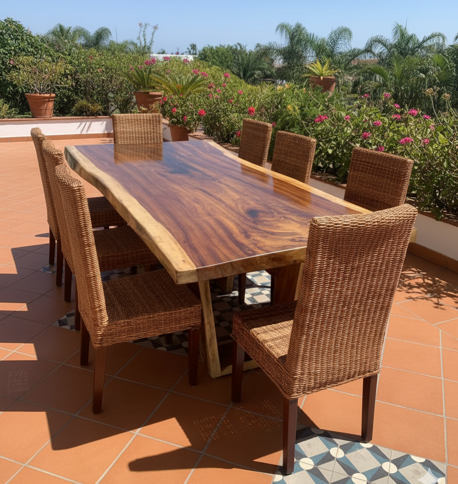 Comedor de Parota con sillas de mimbre