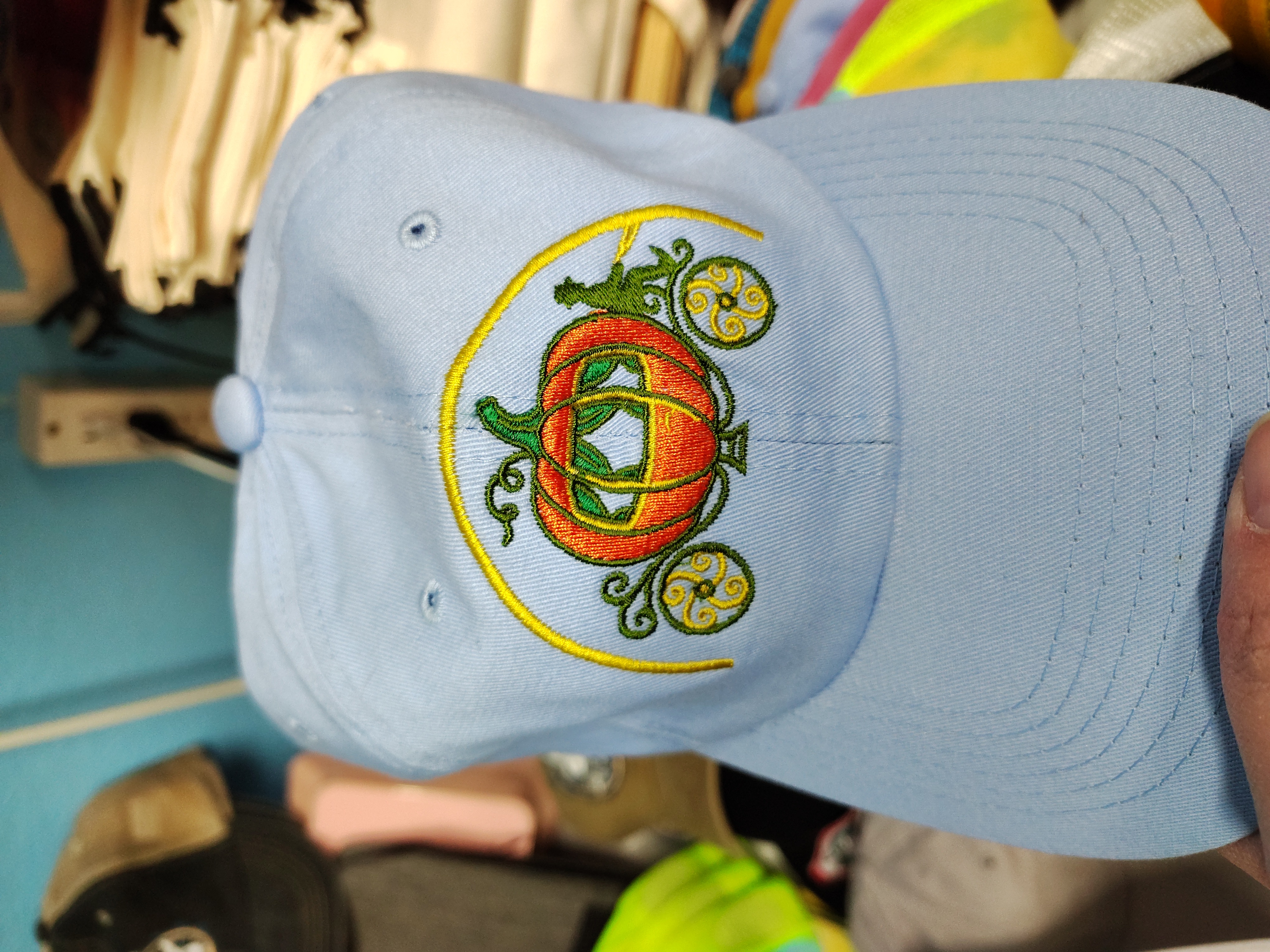 Magical Pumpkin Carriage Dad Hat – Light Blue Cotton Cap – Embroidered Fairytale Princess Design