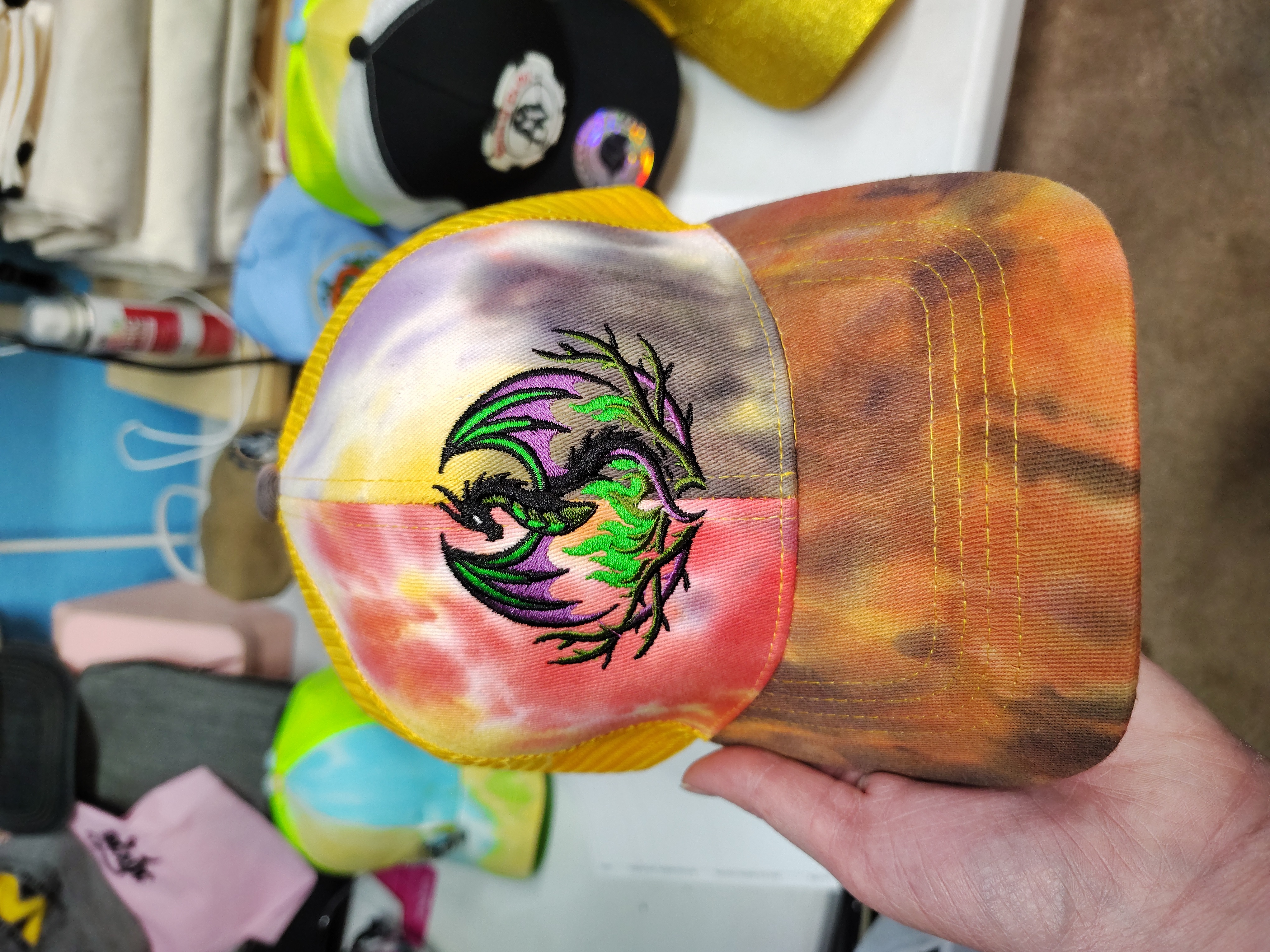 Fire Breathing Dragon Tie-Dye Hat – Embroidered Fantasy Villain Cap – Ponytail Trucker for Women