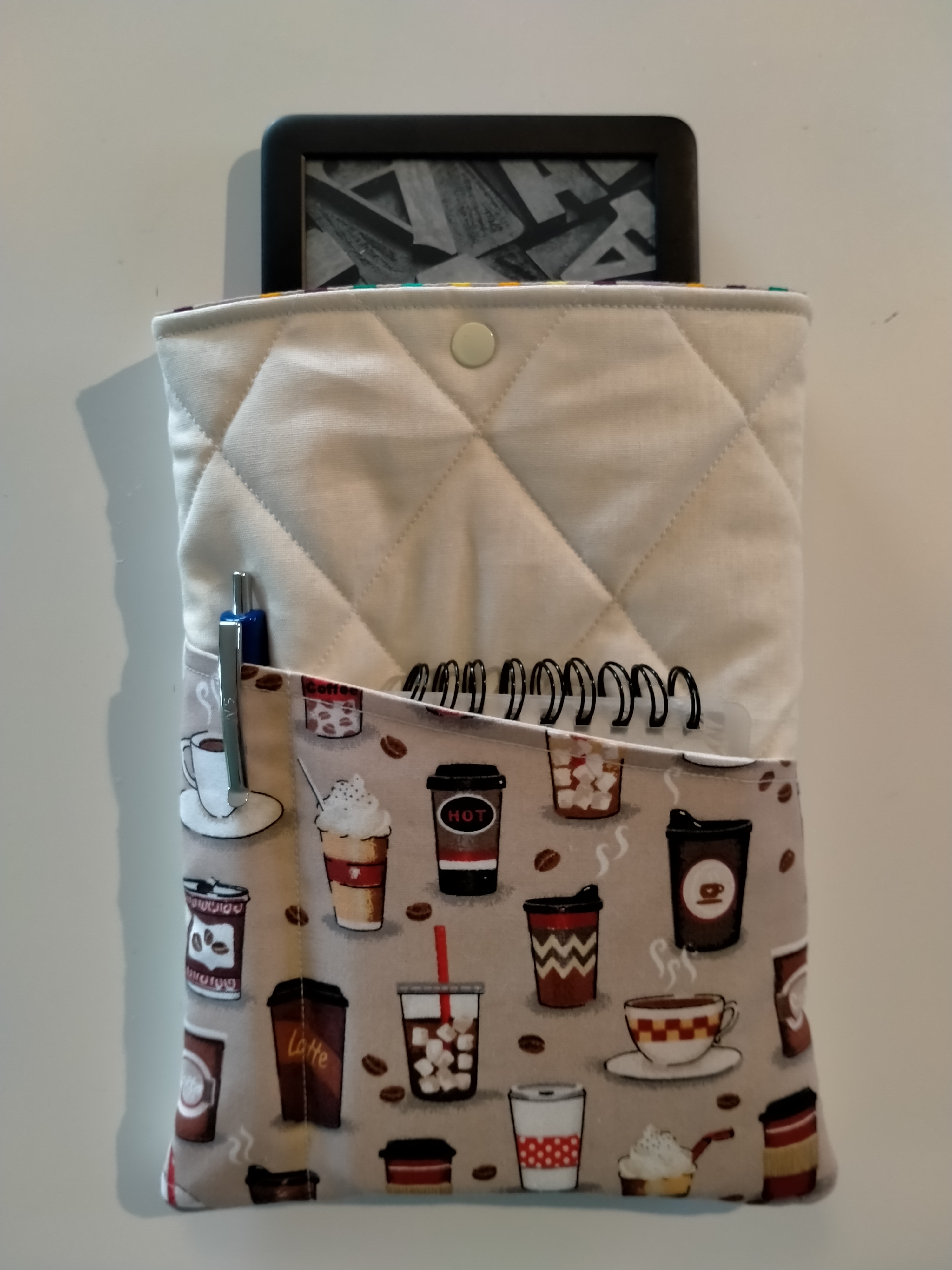 quilted book sleeve with coffee print