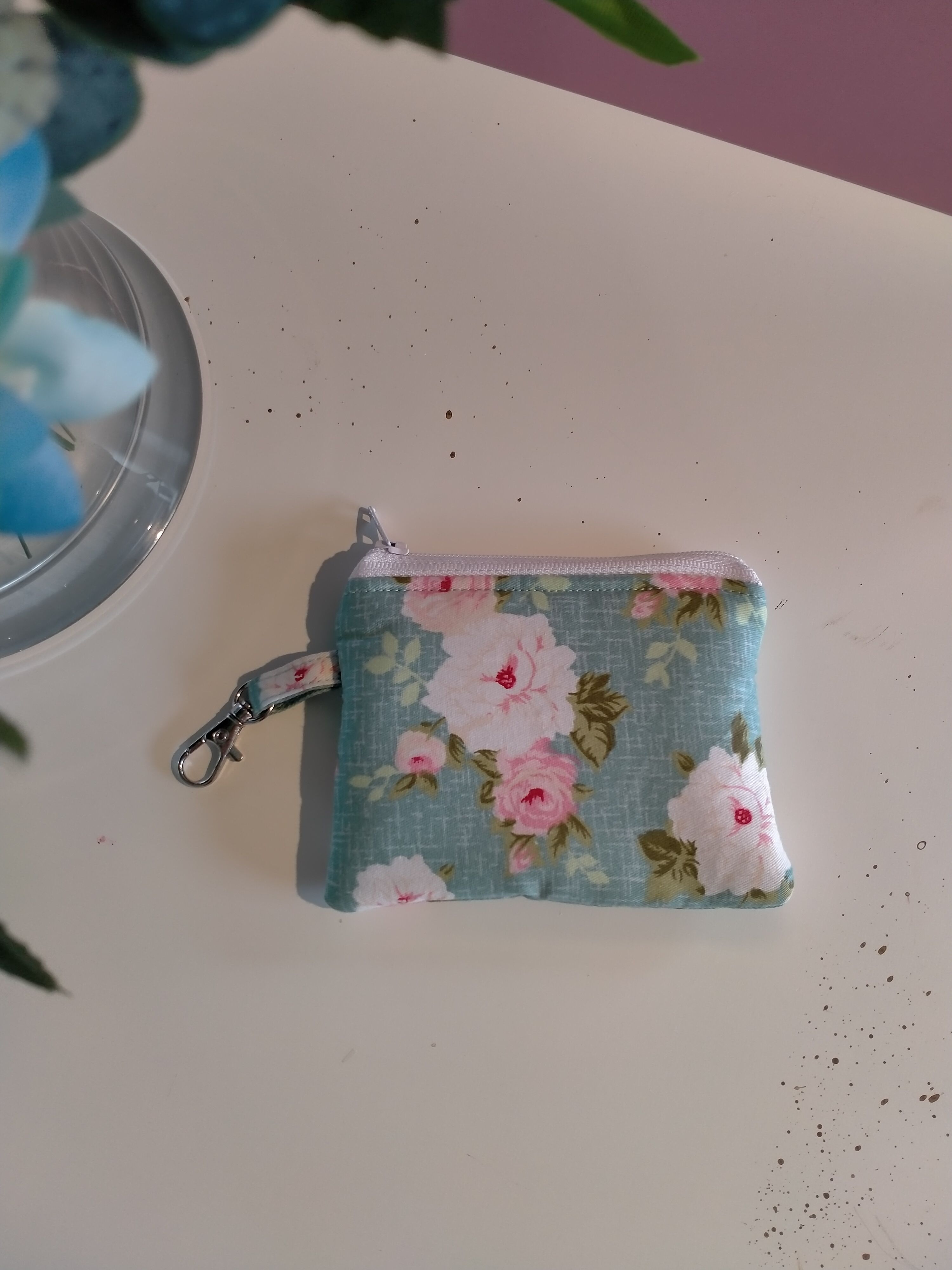 Wallet - blue with pink and white roses