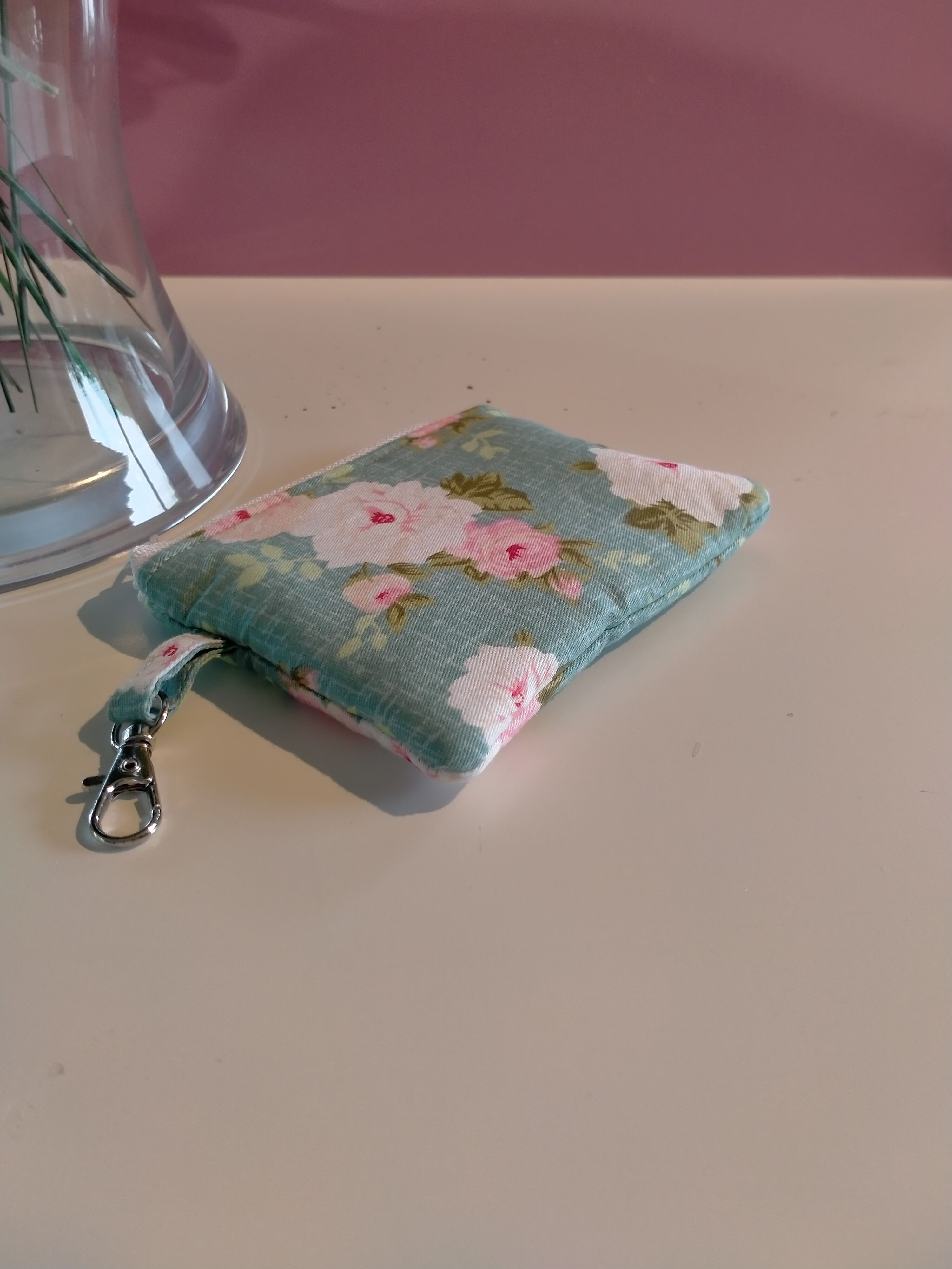 Wallet - blue with pink and white roses