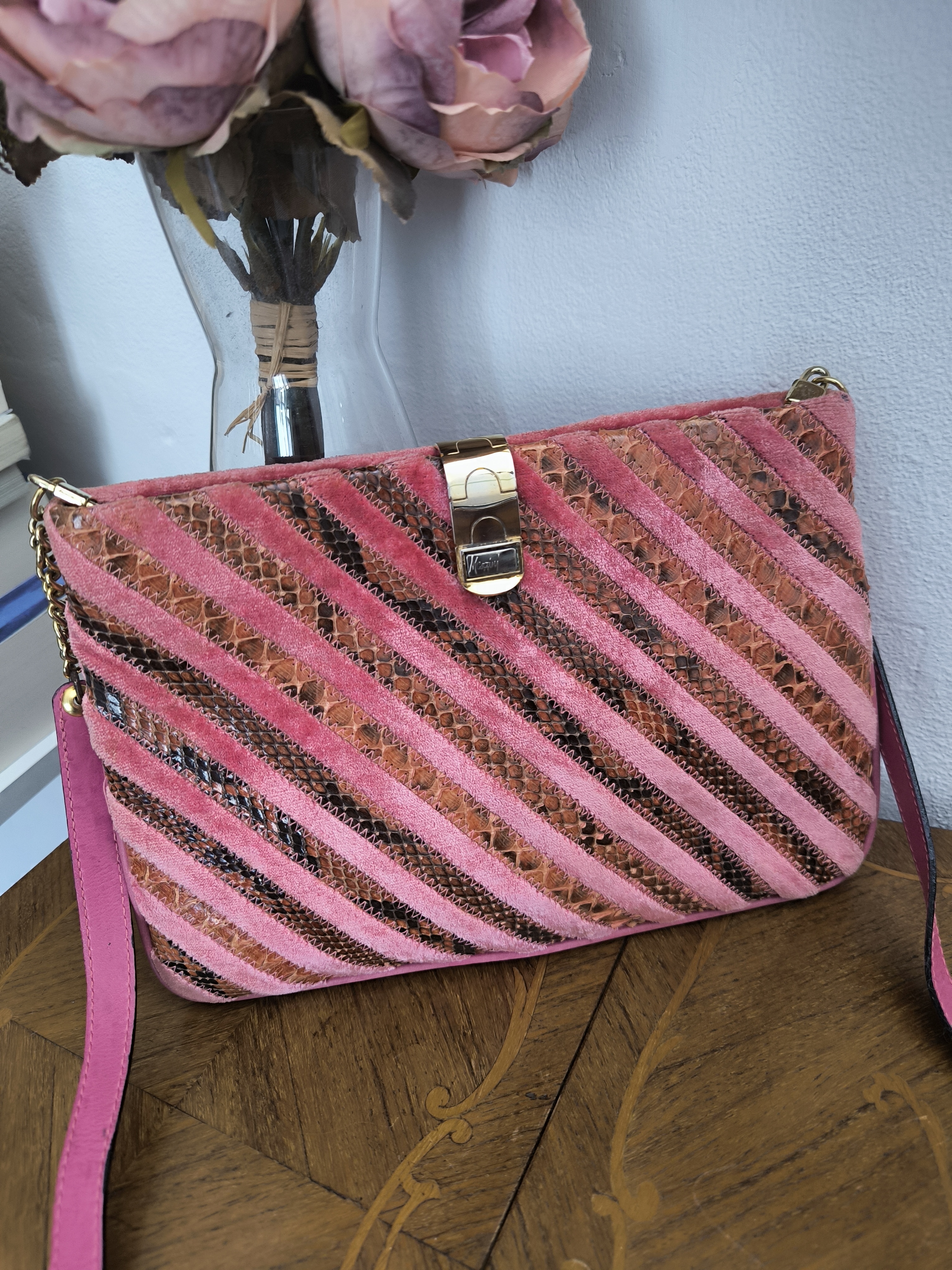 Borsa vintage Mazzini in velluto rosa e rettile