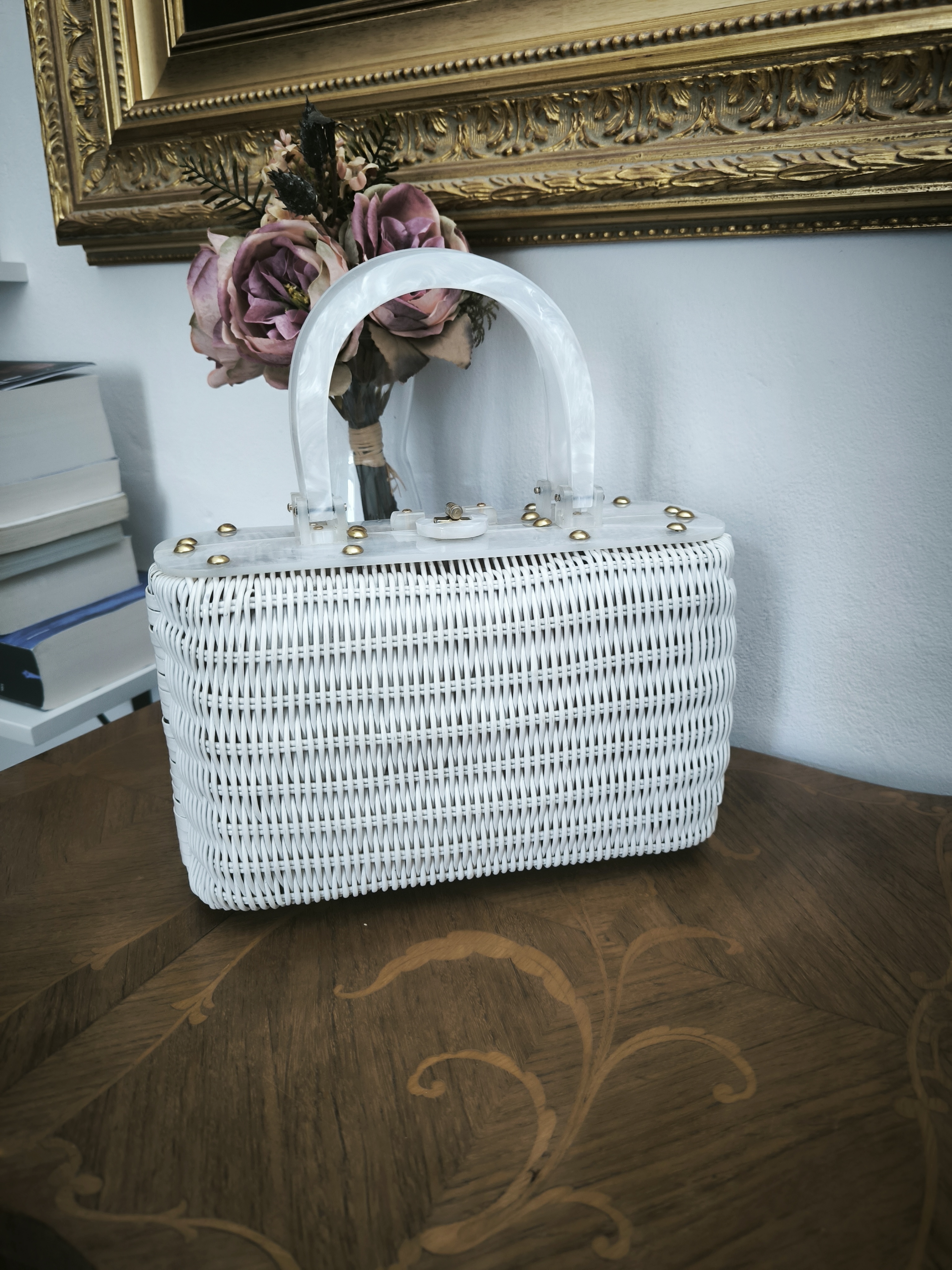 Borsa vintage a cestino in midollino bianco 