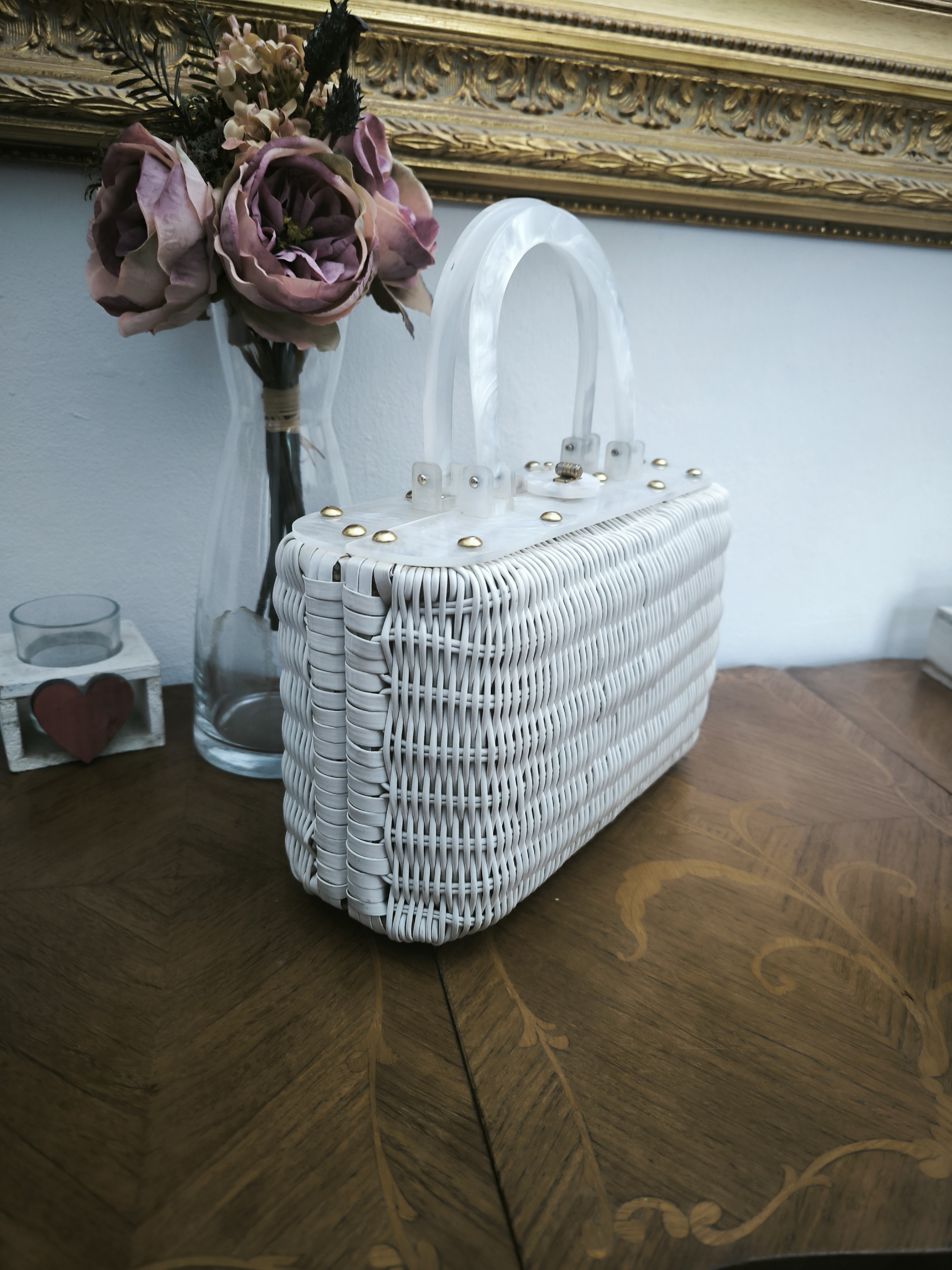 Borsa vintage a cestino in midollino bianco 