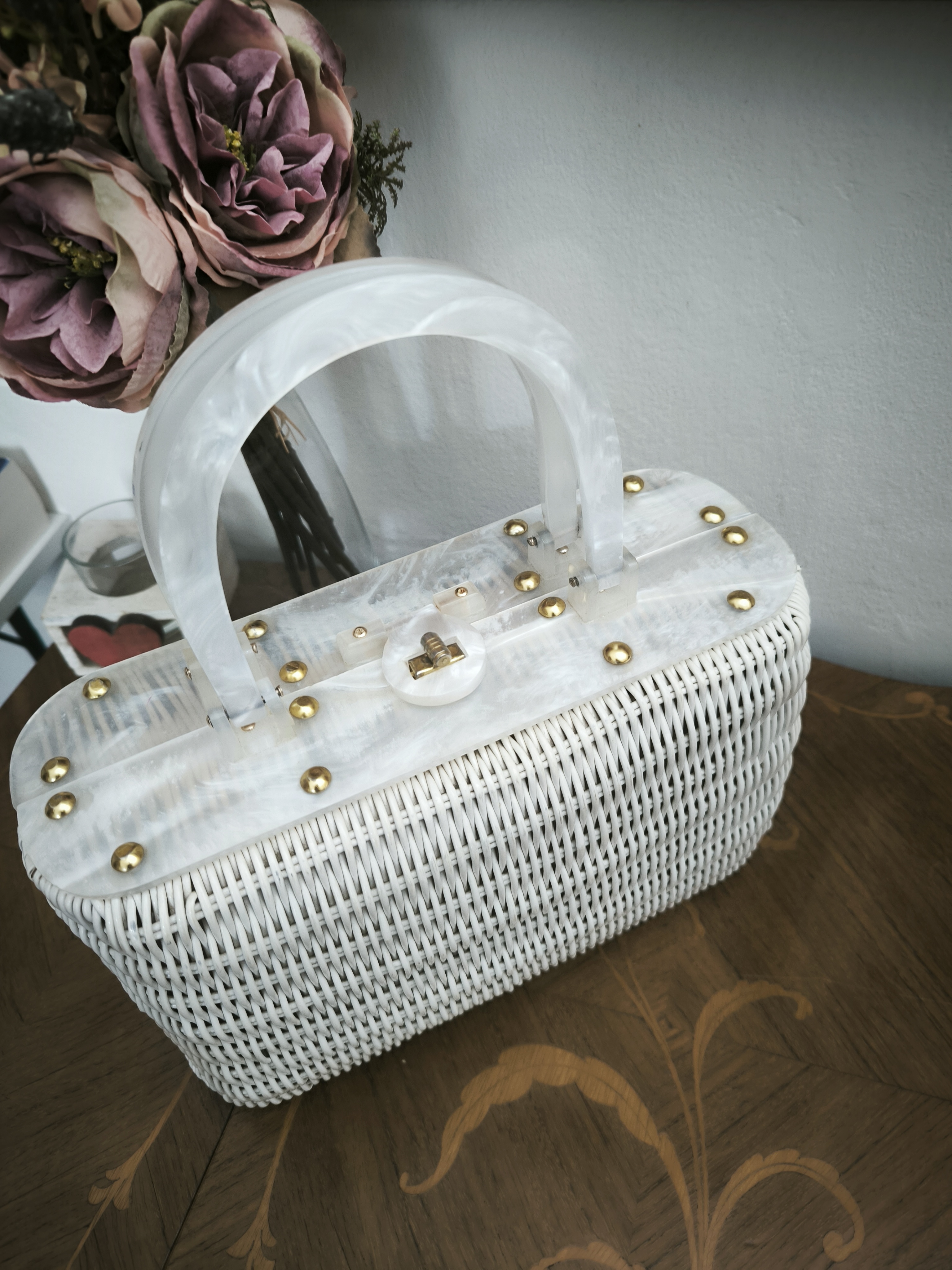 Borsa vintage a cestino in midollino bianco 