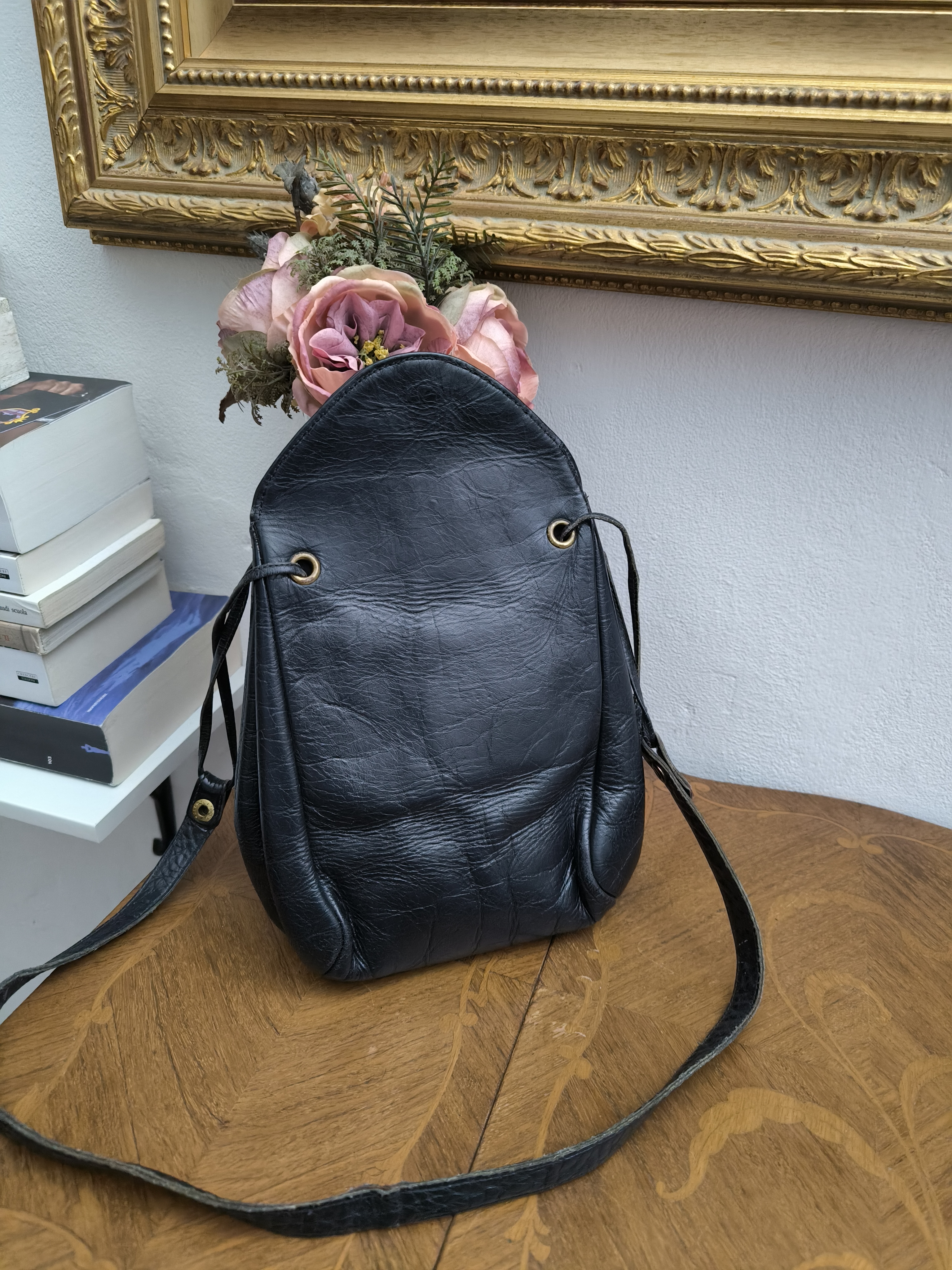 Borsa vintage a tracolla in pelle blu 