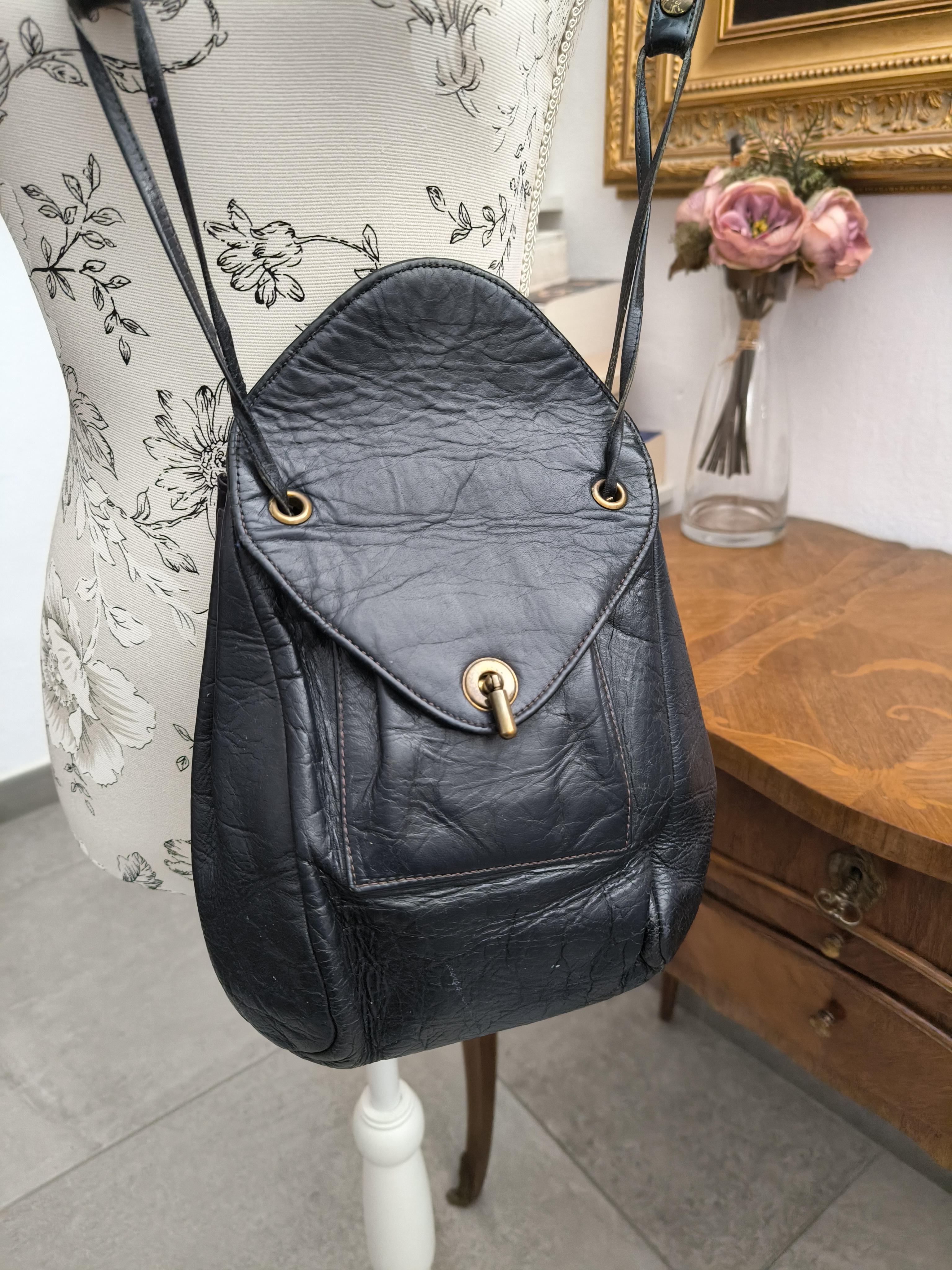 Borsa vintage a tracolla in pelle blu 