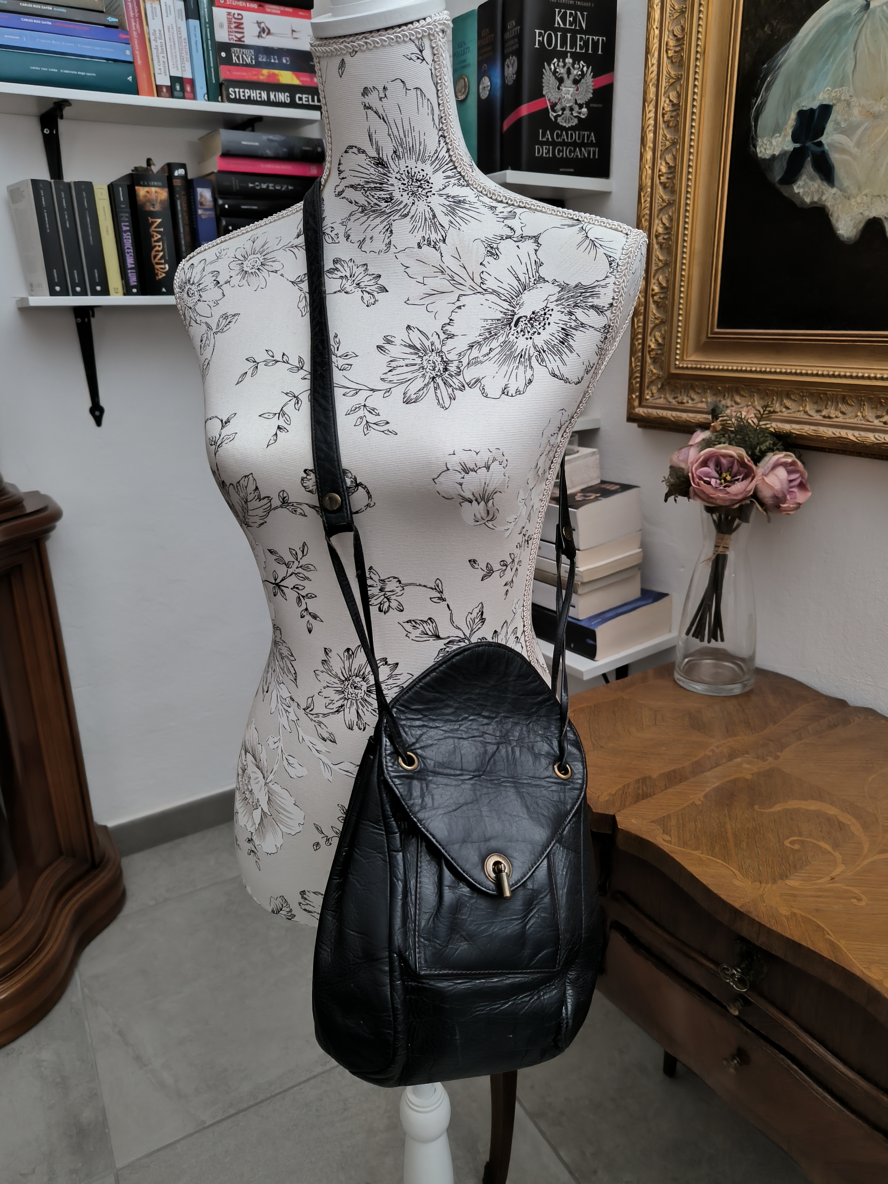 Borsa vintage a tracolla in pelle blu 