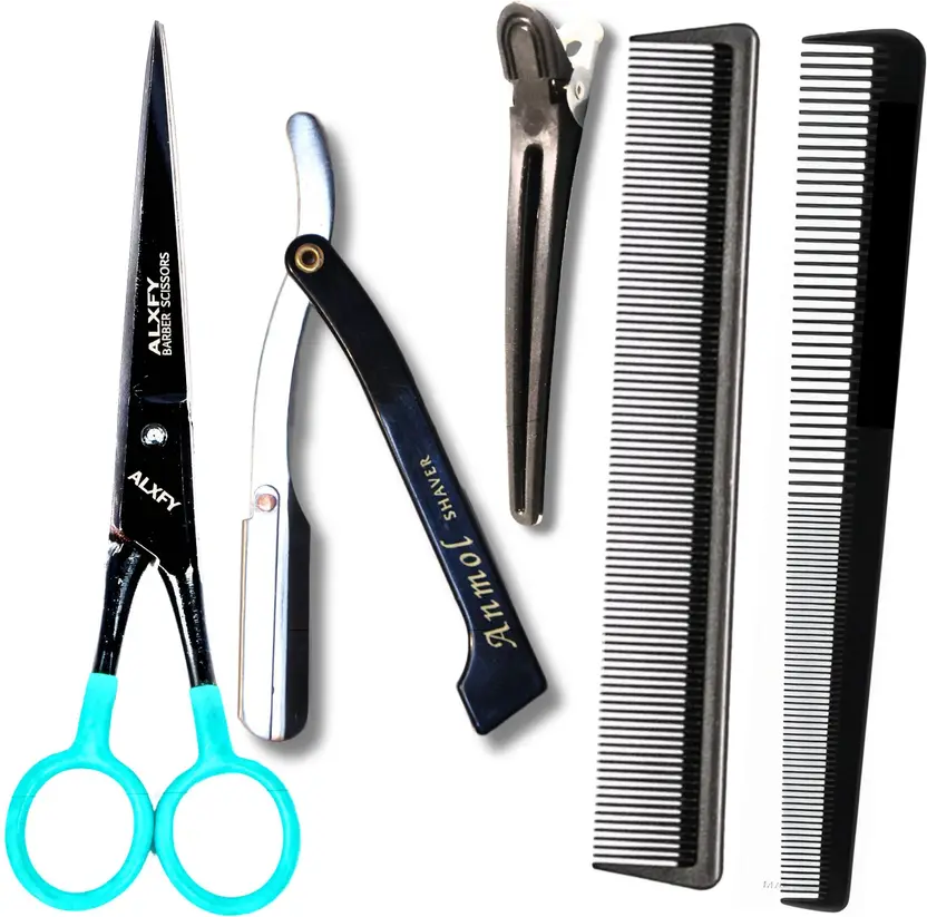 alxfy Barber Scissor Set for Men, Women | Salon Scissors | Hair Cutting Scissors Scissors (Set of 1, Black Professional Hair Cutting, Salon, Scissors, Comb, Razor, Shaver)