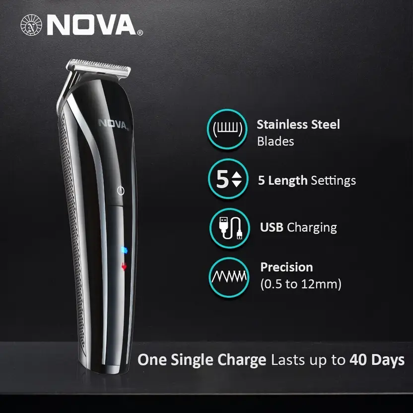 NOVA 1073-00 USB Trimmer 60 min Runtime 5 Length Settings  (Black, Grey)