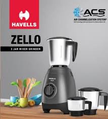 Havells Zello 750 W Mixer Grinder, 3 Jar (Black)