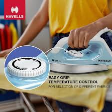 Havells DRY IRON HAWK BLUE 1100 W, With American Heritage Non Stick Sole Plate, Aerodynamic Design, Easy Grip Temperature Knob & 2 years Warranty (Blue & White)