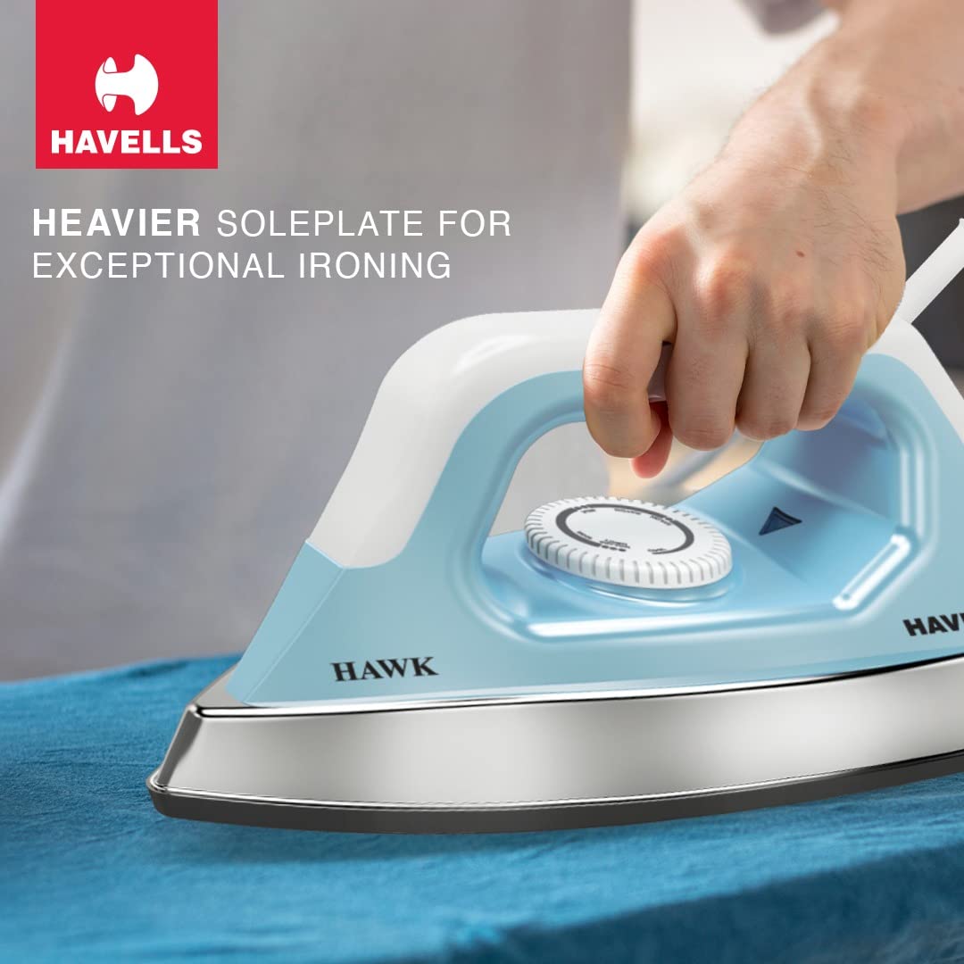 Havells DRY IRON HAWK BLUE 1100 W, With American Heritage Non Stick Sole Plate, Aerodynamic Design, Easy Grip Temperature Knob & 2 years Warranty (Blue & White)