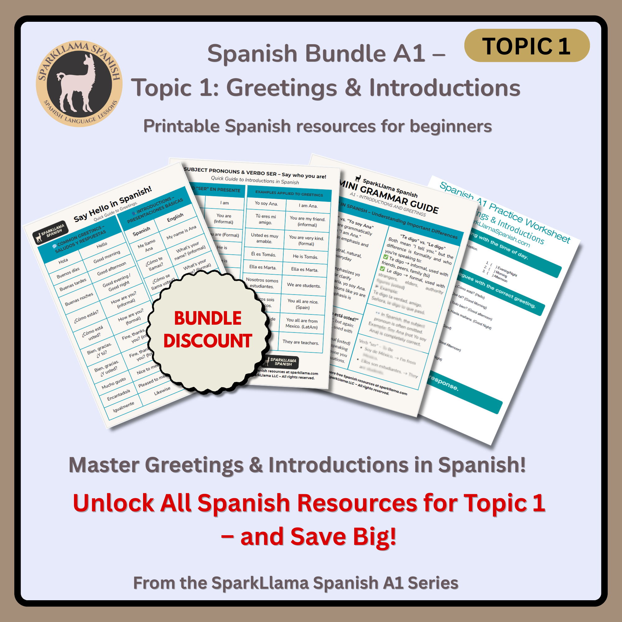 BUNDLE: Greetings & Introductions - All 4 Worksheets and guides for this Lesson (A1)