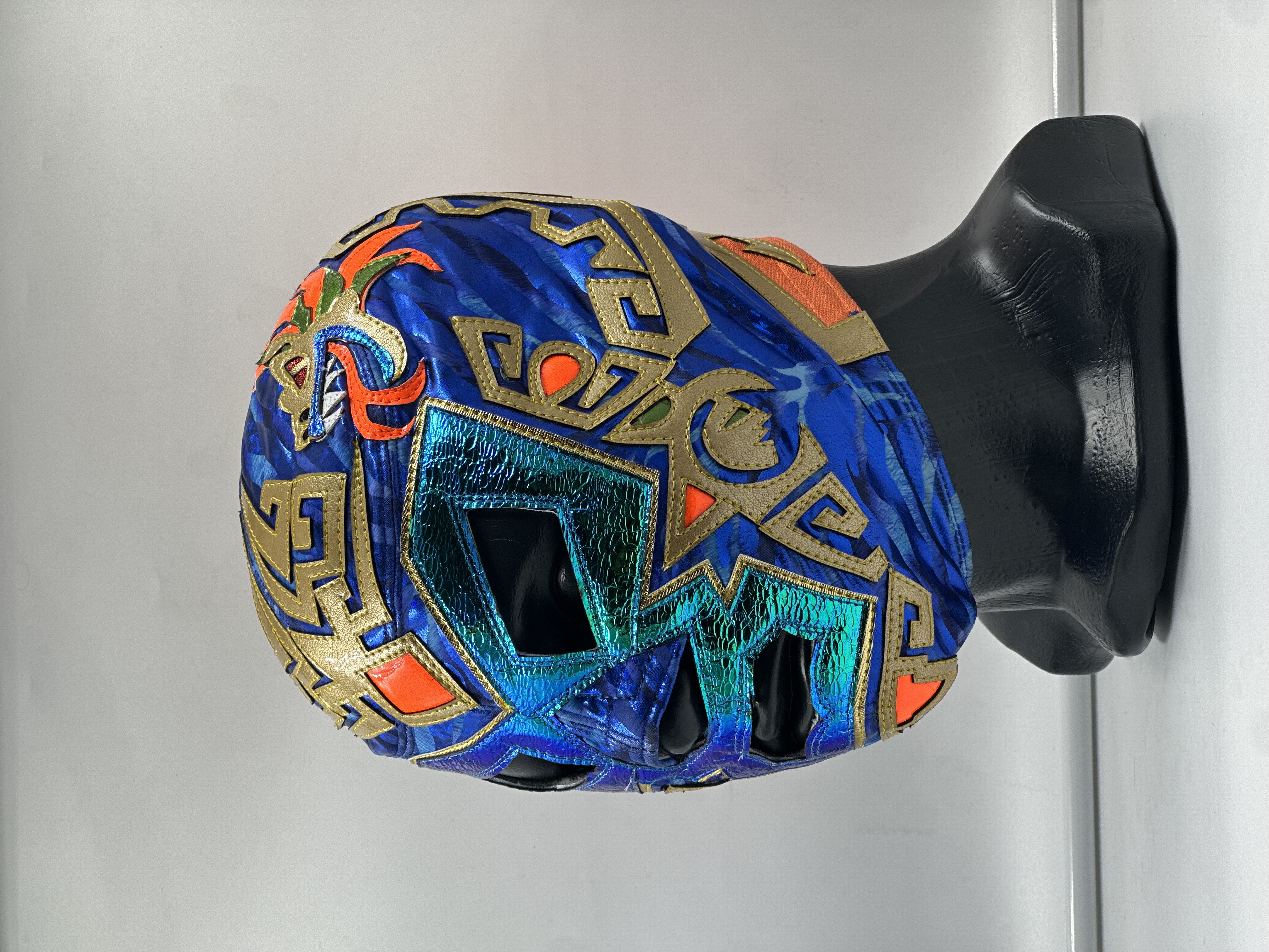 MÁSCARA PROFESIONAL QUETZALCOATL AZUL REY/DORADO/NEON