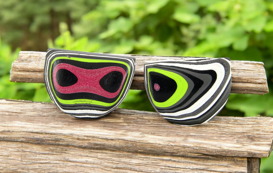 Hand cut Fordite matched pair of cabochons