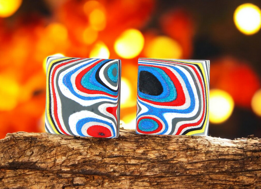 Hand cut Fordite matched pair of cabochons