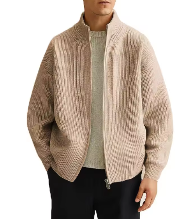 Beige Ribbed Zip-Up Cardigan