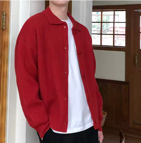 Red Ribbed Button-Up Cardigan
