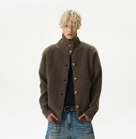 Brown Button-Up Wool Cardigan