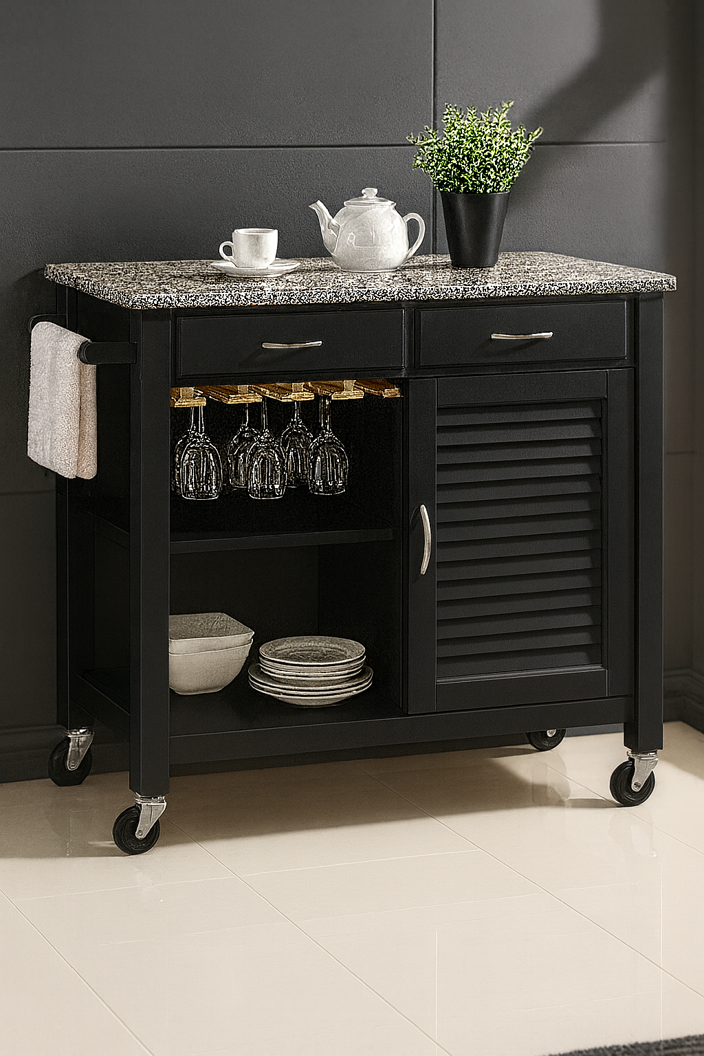 Waylon Kitchen Cart On Wheels With Granite Top