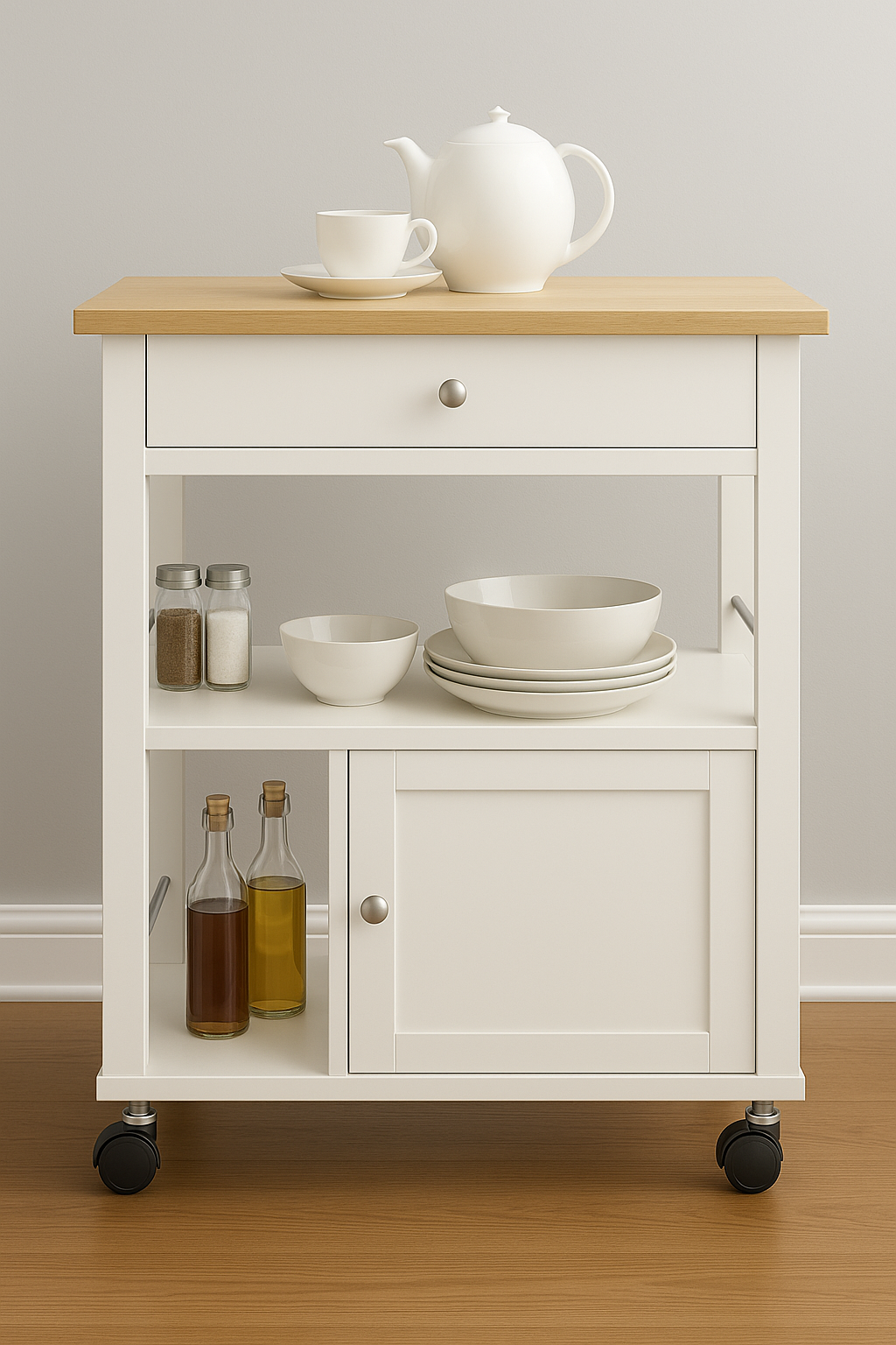 Juneau Kitchen Cart On Wheels with 2 Open Shelves, Drawer and Cabinet