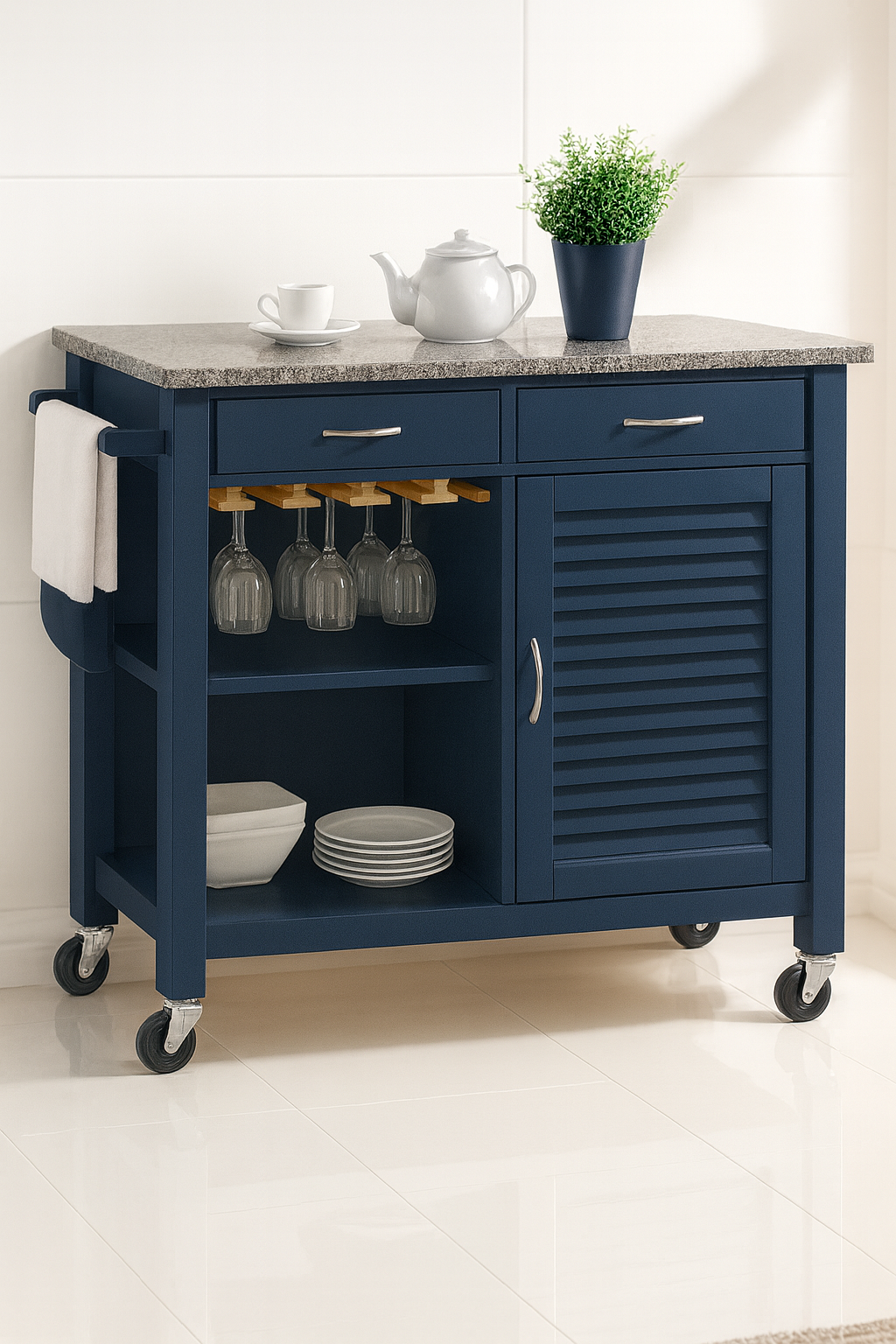 Waylon Kitchen Cart On Wheels With Granite Top