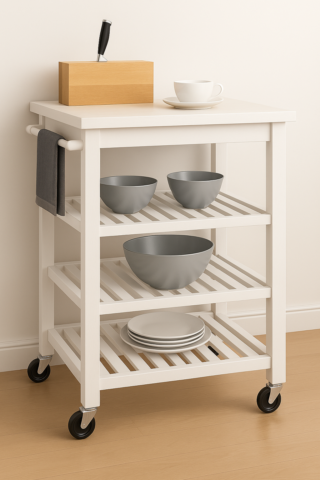 Juno Kitchen Cart On Wheels with Towel Holder And 3 Tier Shelves