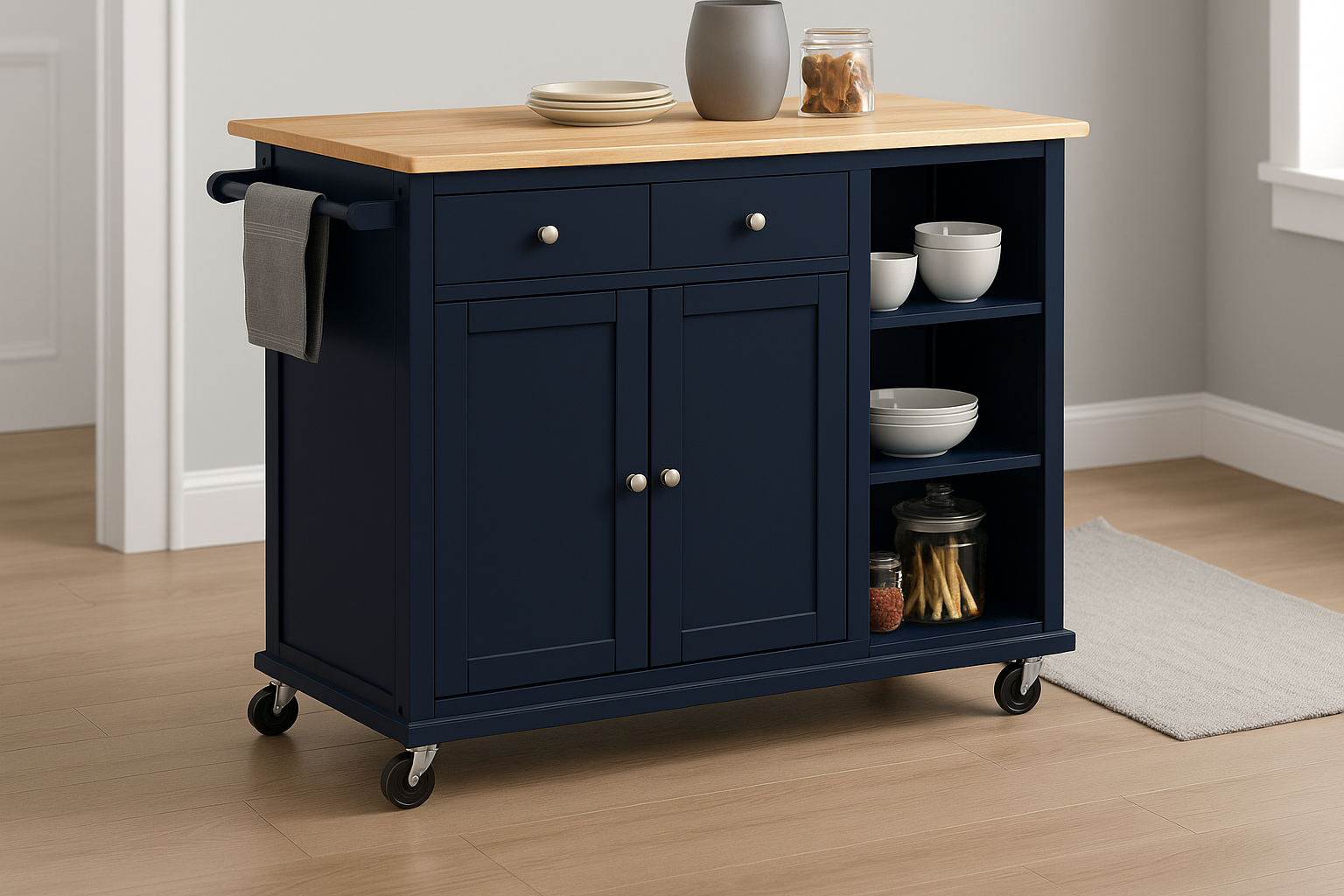 Adler Kitchen Island Cart On Wheels with Towel Holder, 3 Open Shelves, 2 Drawers and 2 Doors Cabinet