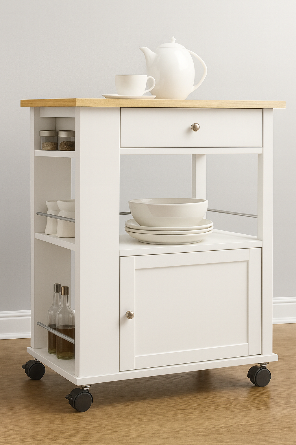 Juneau Kitchen Cart On Wheels with 2 Open Shelves, Drawer and Cabinet