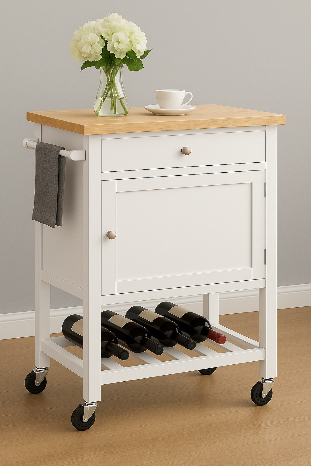 Willow Kitchen Cart On Wheels With Towel Holder, Storage Drawer and Cabinet