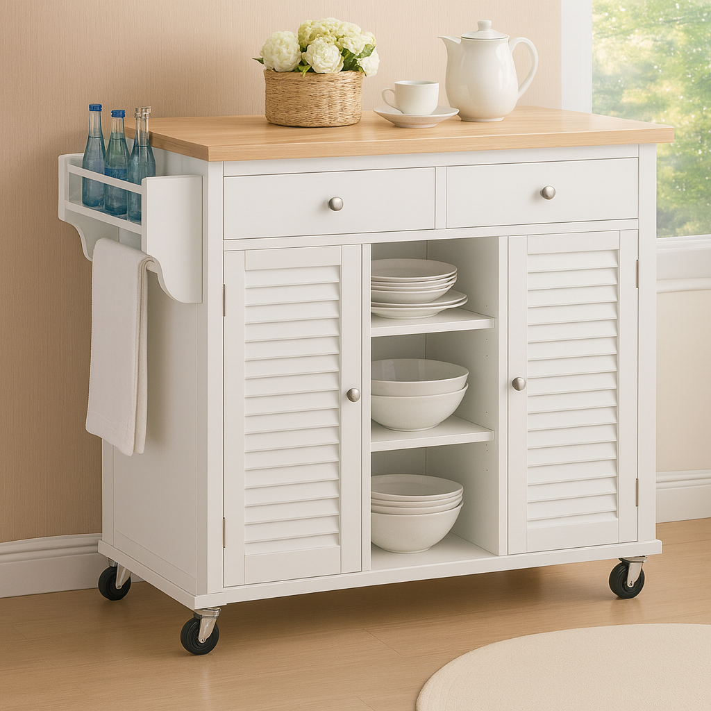 Carter Kitchen Island Cart On Wheels with Towel Holder, 3 Open Shelves, 2 Drawers and 2 Doors Cabinet