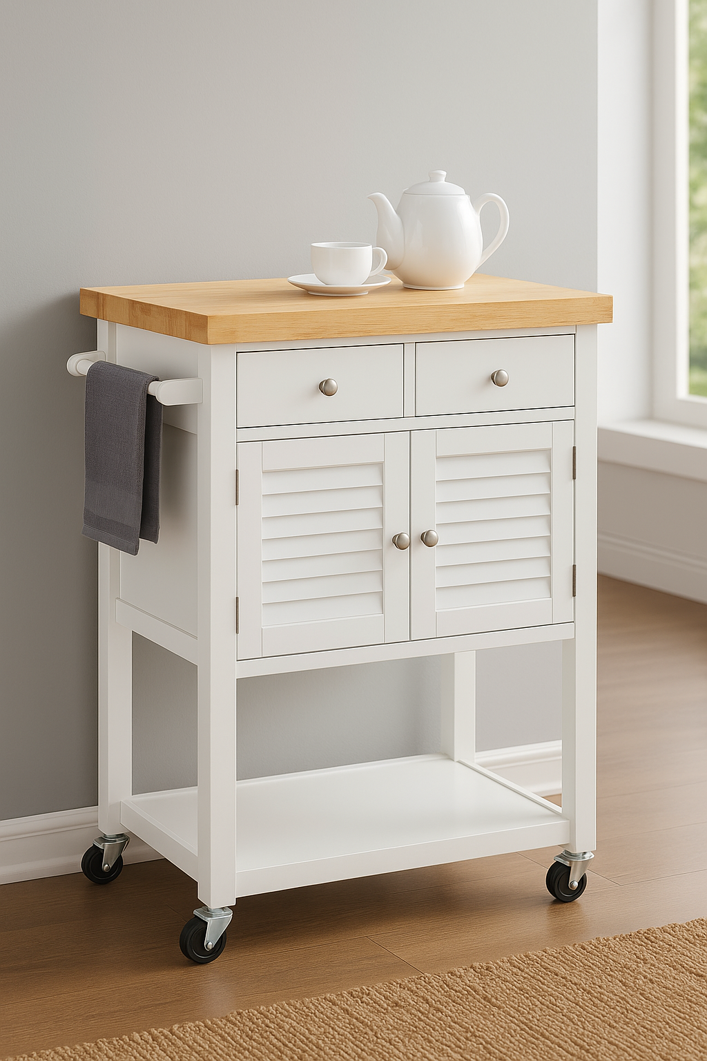 Magnolia Kitchen Cart On Wheels With Towel Holder, Storage Drawer and Cabinet