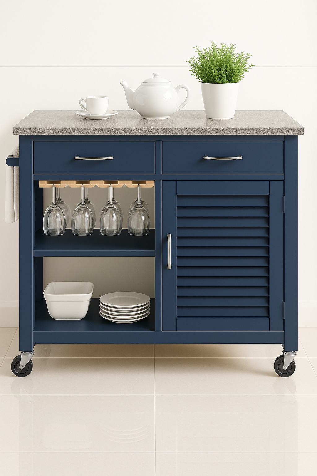 Waylon Kitchen Cart On Wheels With Granite Top