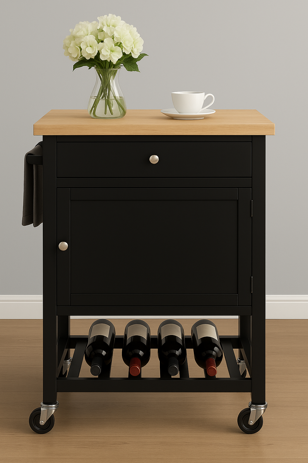 Willow Kitchen Cart On Wheels With Towel Holder, Storage Drawer and Cabinet