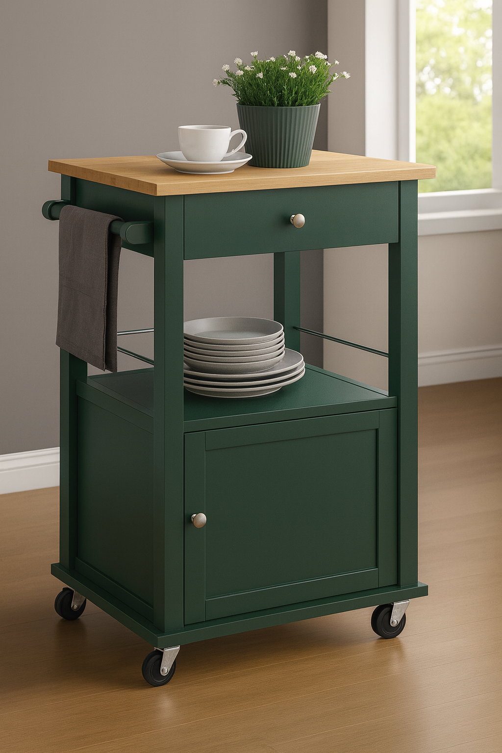 Elwood Kitchen Cart On Wheels With Towel Holder, Storage Drawer and Cabinet