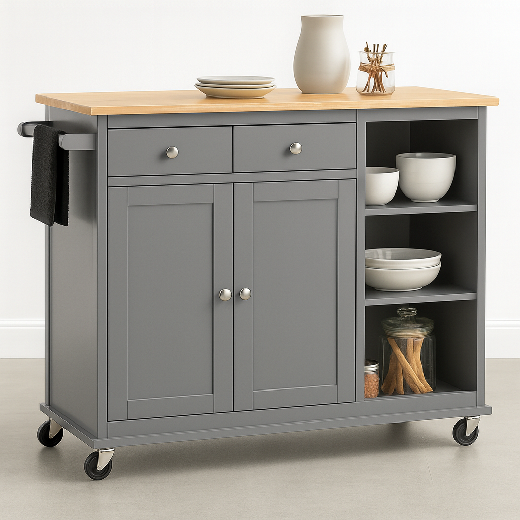 Adler Kitchen Island Cart On Wheels with Towel Holder, 3 Open Shelves, 2 Drawers and 2 Doors Cabinet
