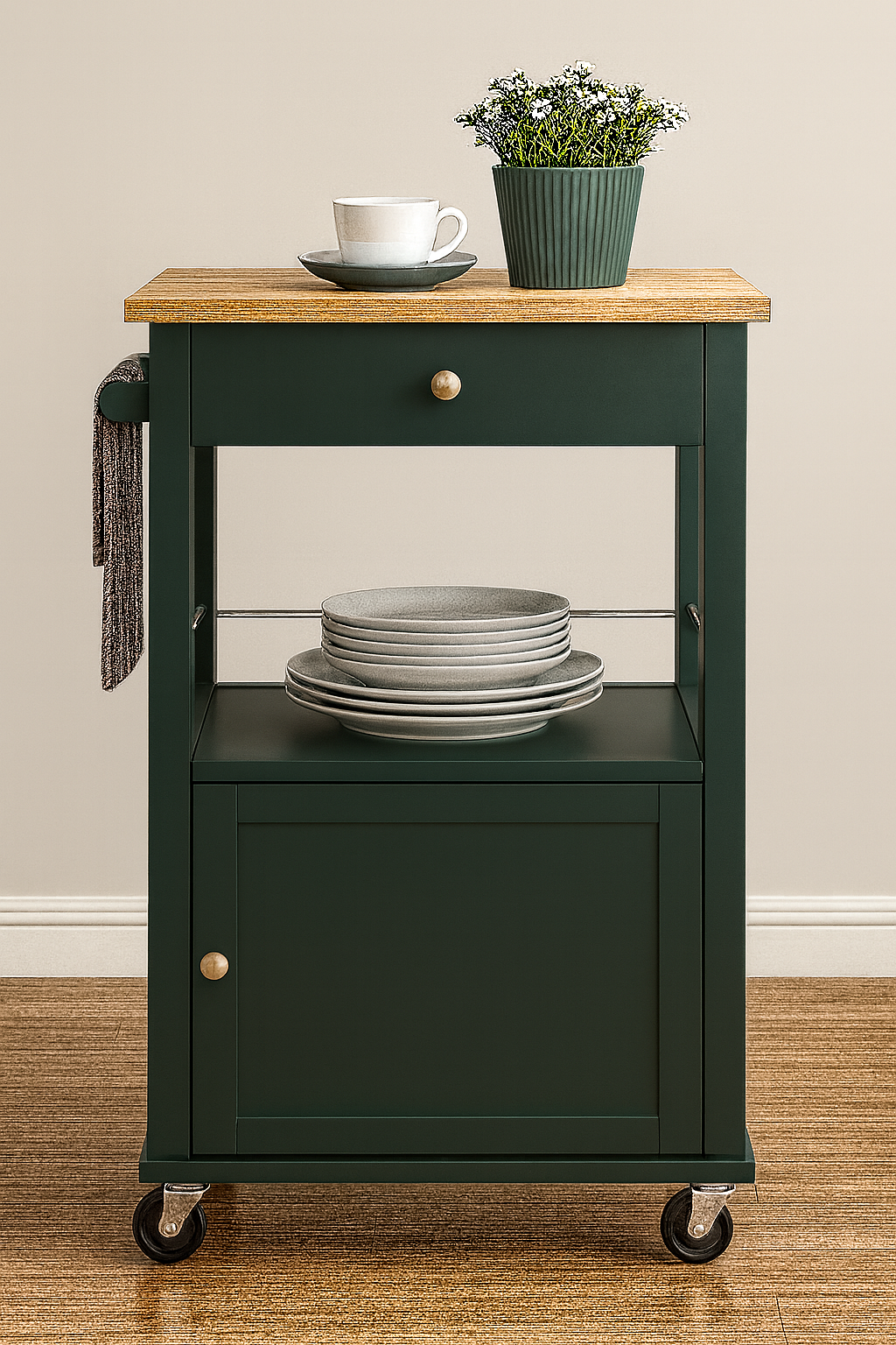 Elwood Kitchen Cart On Wheels With Towel Holder, Storage Drawer and Cabinet