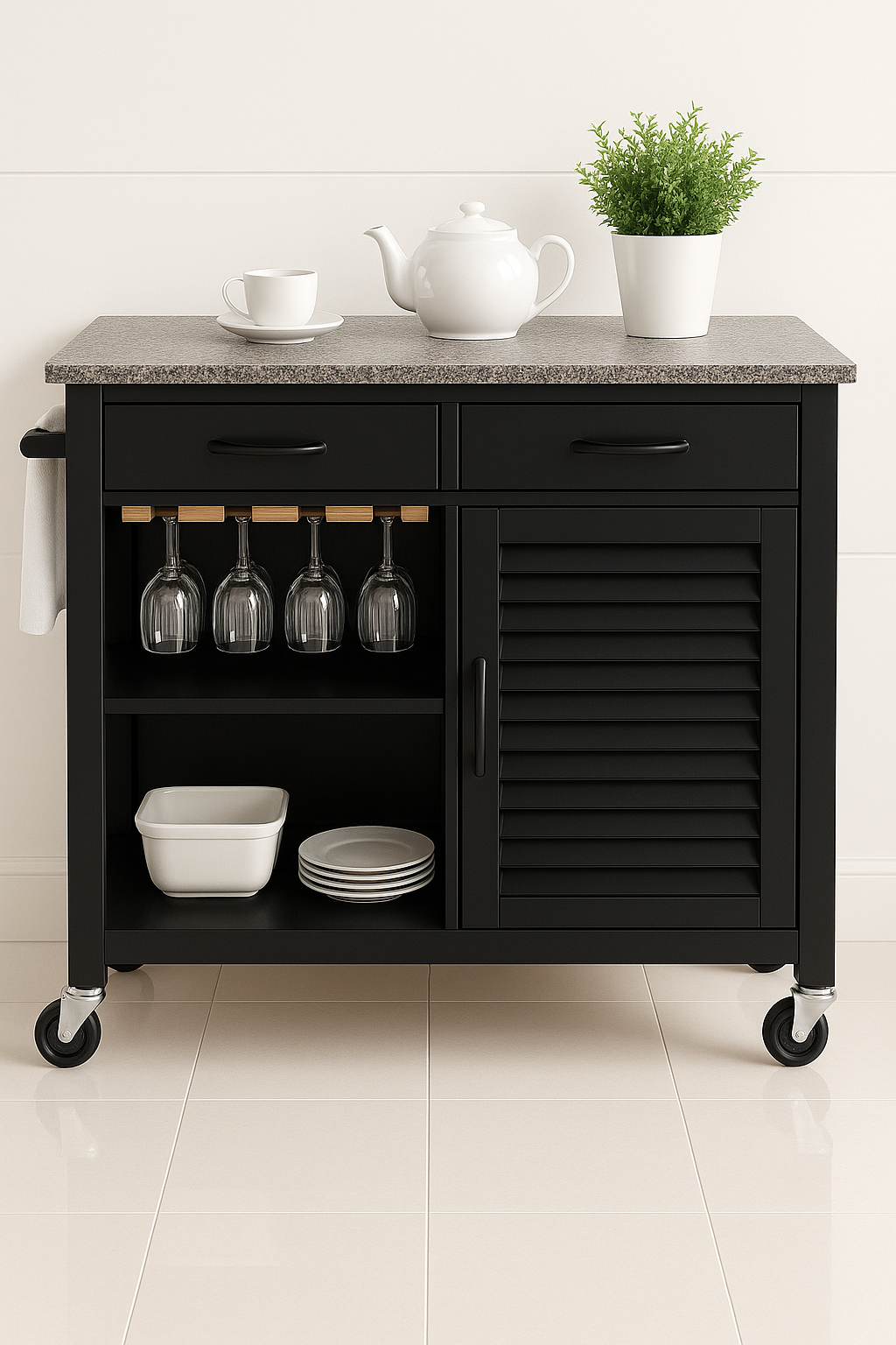Waylon Kitchen Cart On Wheels With Granite Top