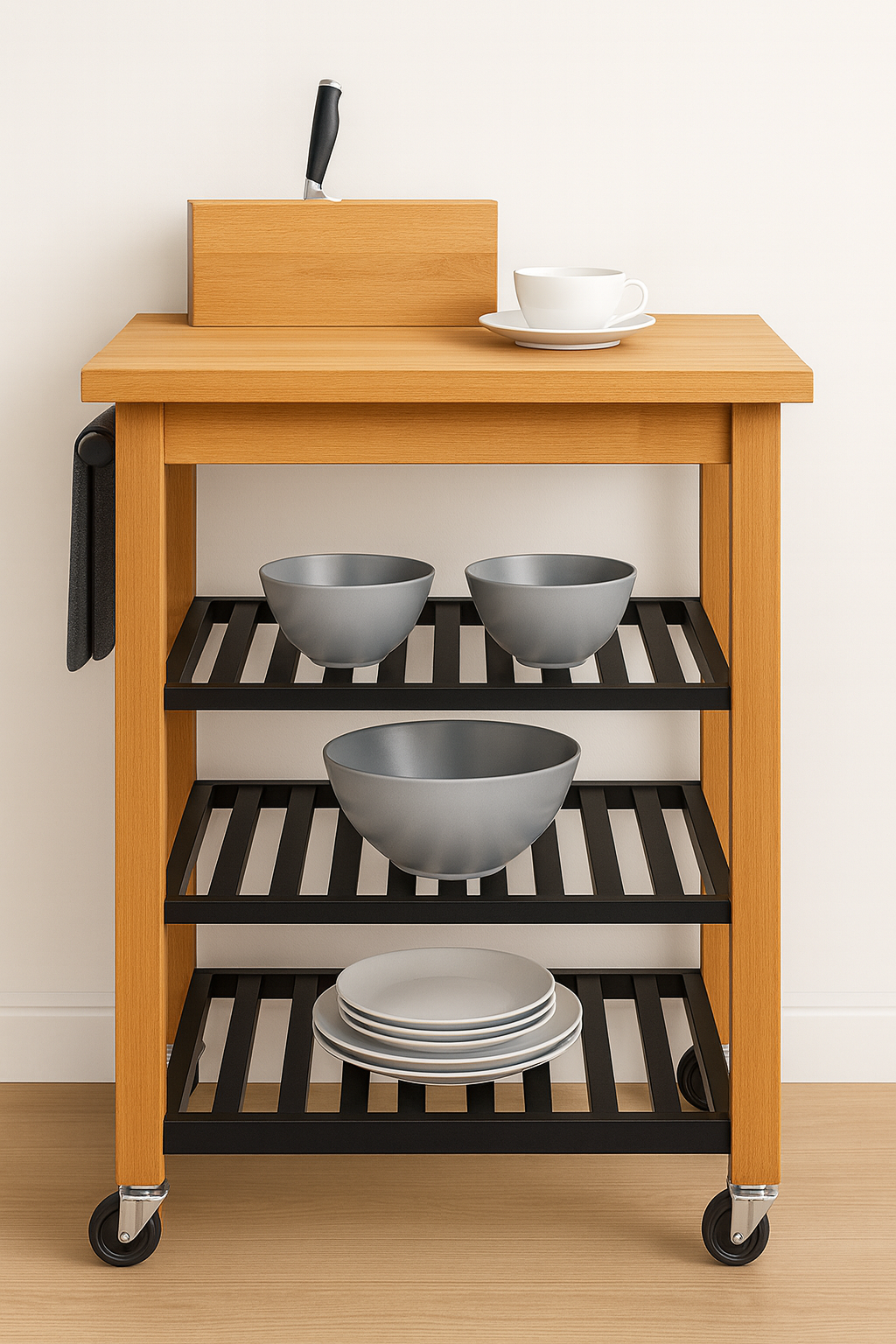 Juno Kitchen Cart On Wheels with Towel Holder And 3 Tier Shelves