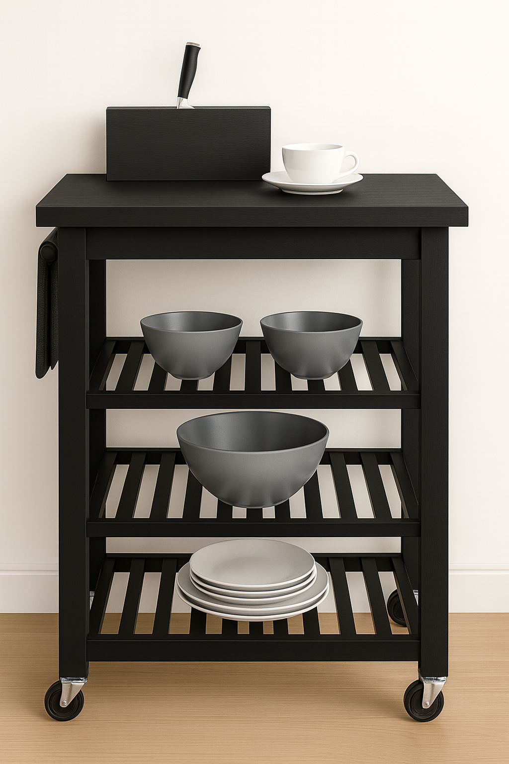 Juno Kitchen Cart On Wheels with Towel Holder And 3 Tier Shelves