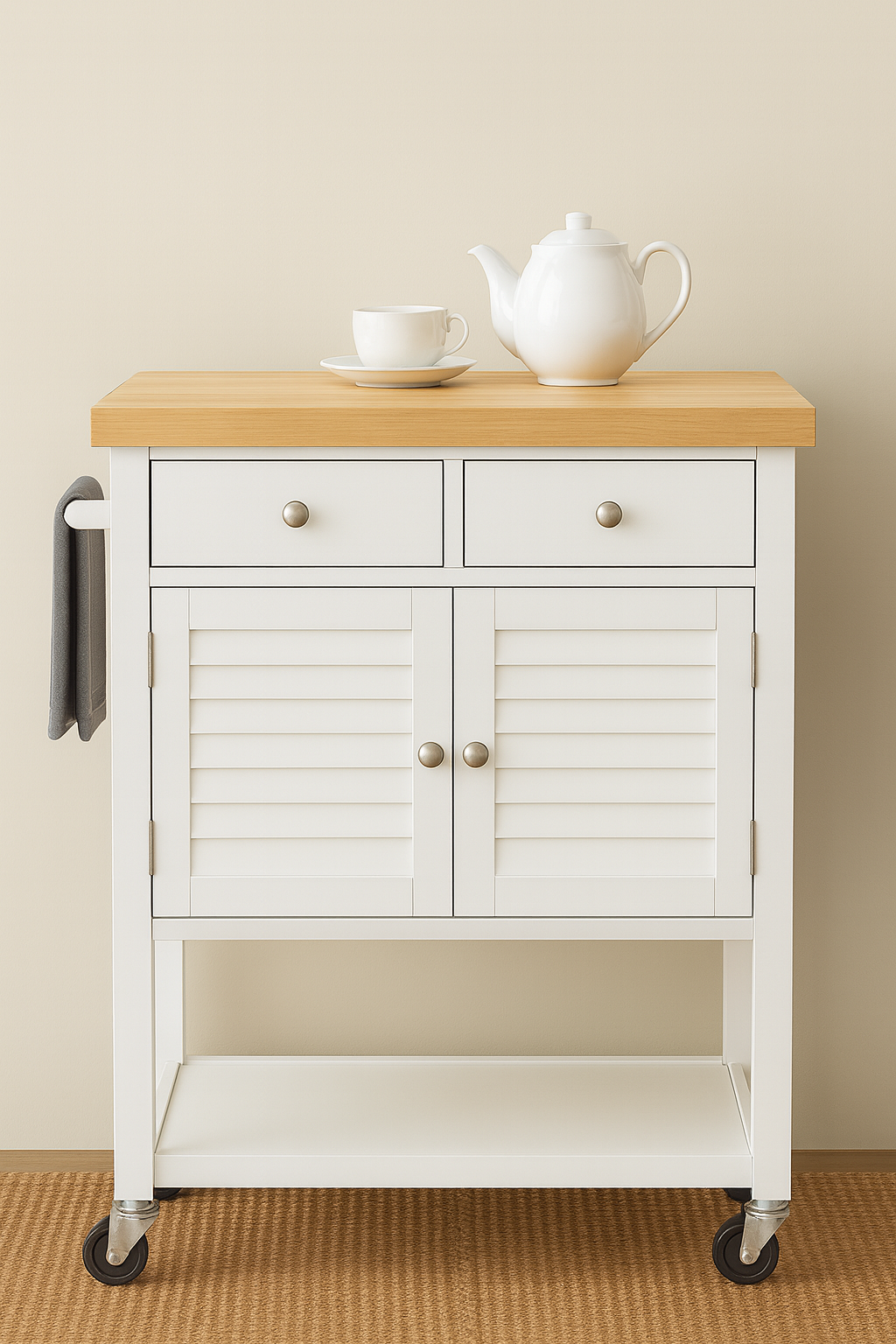 Magnolia Kitchen Cart On Wheels With Towel Holder, Storage Drawer and Cabinet