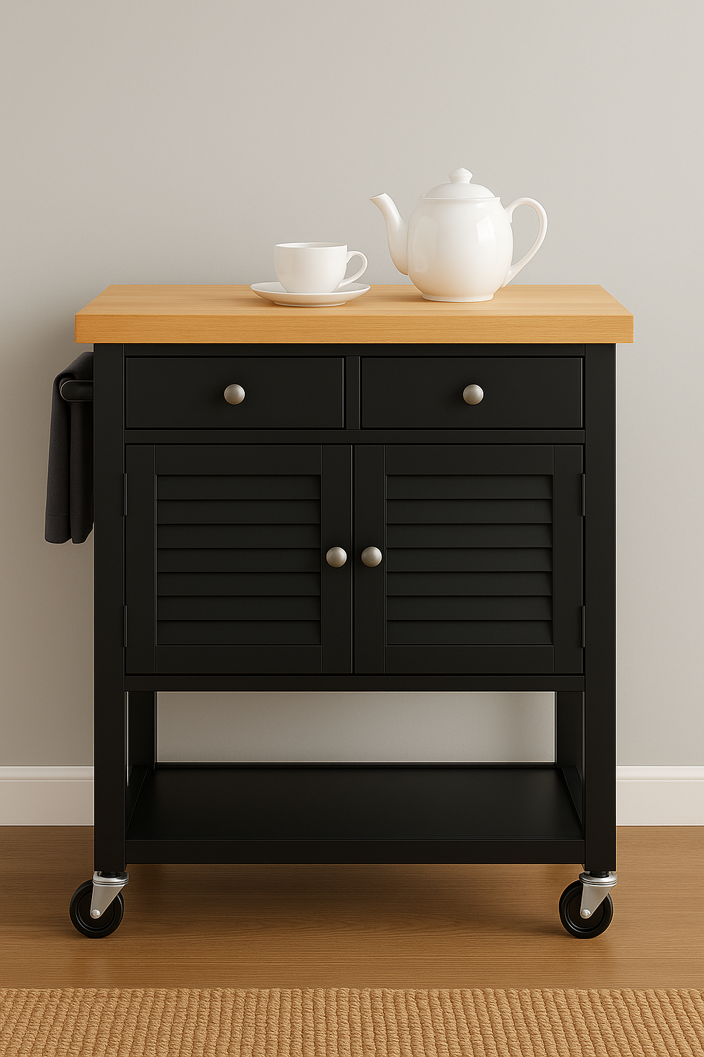 Magnolia Kitchen Cart On Wheels With Towel Holder, Storage Drawer and Cabinet