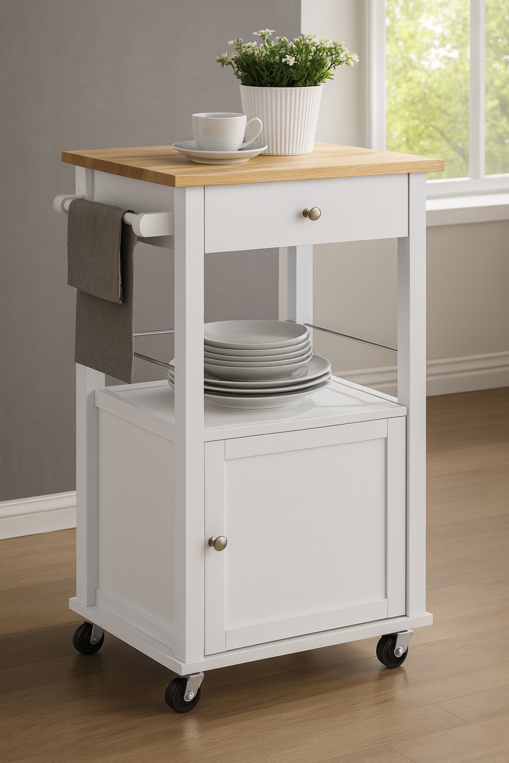 Elwood Kitchen Cart On Wheels With Towel Holder, Storage Drawer and Cabinet